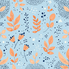 a variety of orange and white flowers and leaves, scattered across a light blue background with black and white dots.