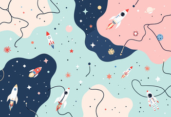 a space theme with various colored planets, stars, and spaceships, along with a few people floating in the background.