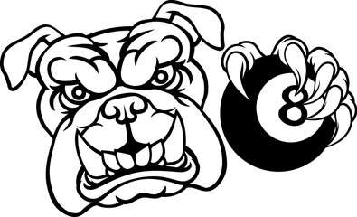A bulldog dog angry mean pool billiards mascot cartoon character holding a black 8 ball.