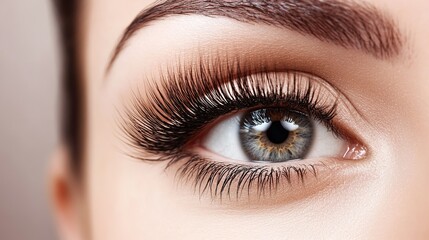 Obraz premium Close-up of a womans eye with long eyelashes, soft window light from left