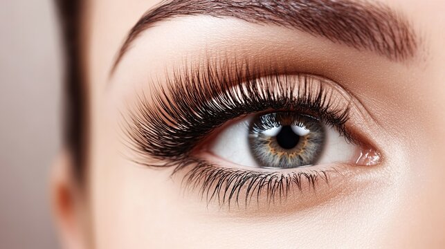 Close-up of a womans eye with long eyelashes, soft window light from left