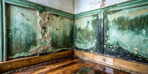 Obraz premium Dark greenish-black mold growth in a damp corner of an old house with faint visible lines and texture resembling decayed wood , architecture, mold