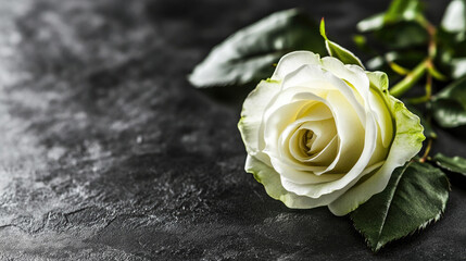 Close-up of a single white rose on a black background, symbolizing mourning and remembrance, slightly wilted to emphasize the somber theme.