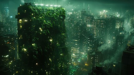 Night cityscape, overgrown tower, urban nature, futuristic film backdrop