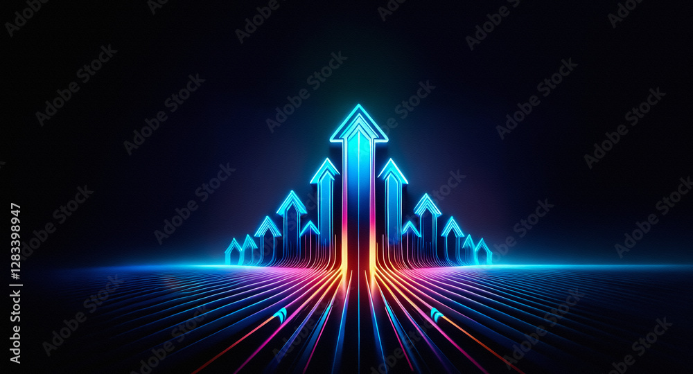 Poster Glowing neon arrows point upward from a dark grid backdrop, illuminated in blue and pink, arranged in a pyramid shape, symbolizing forward direction.
