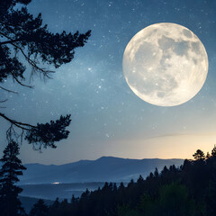 Full Moon Casting Light on Mountain Range .Full Moon In The Night Sky, Creating Eerie And Mystical Atmosphere.