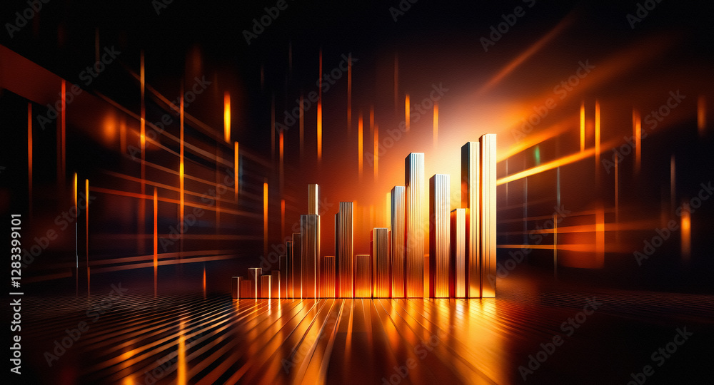 Poster metallic bar graph reflects bright light streaks against a dark backdrop. the columns rise in steps,