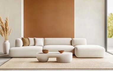 Living room with a cozy beige modular sofa, a deep terracotta accent wall, a sculptural resin coffee table, layered wool and jute rugs, and warm brass