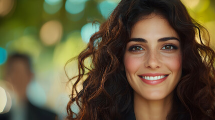 Obraz premium Smiling young woman with curly brown hair stands outdoors at dusk with colorful city bokeh lights in the background.