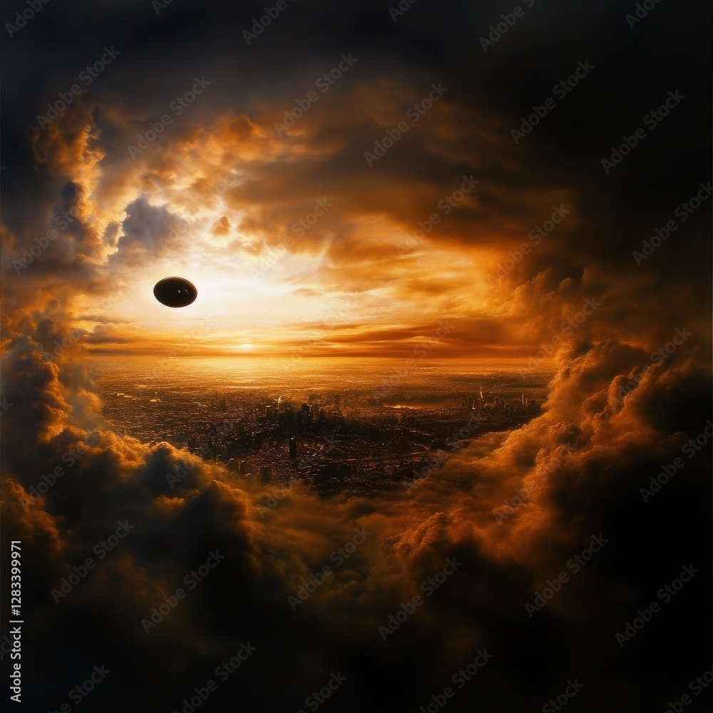 Poster a large, glowing object is flying through a cloudy sky