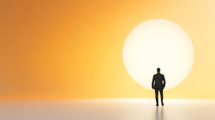 Obraz premium Silhouette of Man Standing Before Large Sun in Warm Yellow Landscape