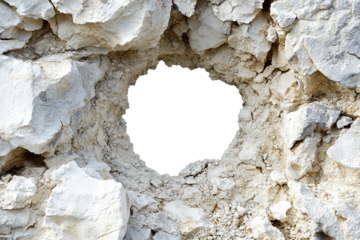 Natural rock wall with a hole in the center, isolated on transparent cutout background
