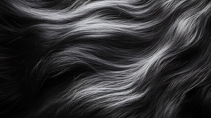 Naklejka premium Monochromatic fur with a gradient from charcoal to light ash gray, sharp macro details of hair strands, silky flowing patterns illuminated by soft diffused light, cinematic framing,