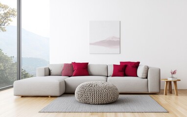 Fototapeta premium Living room with a plush light gray sectional, a large, chunky knitted pouf replacing the coffee table, bold fuchsia accent textiles, and warm natural
