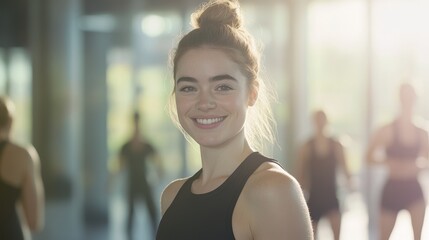 Fitness instructor smiling during workout class in gym studio, leading group of diverse individuals, healthy lifestyle, motivation and exercise community.