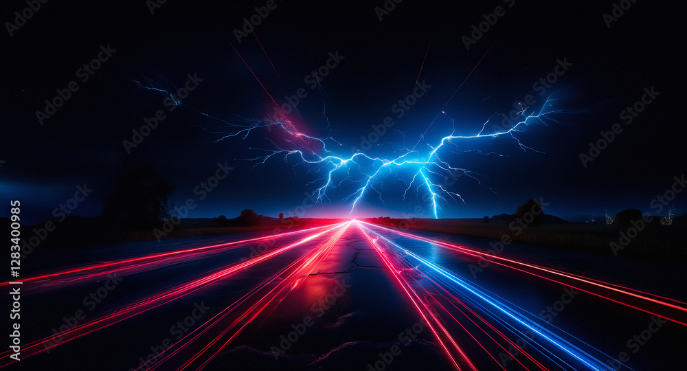 Poster a nighttime road view with red and blue light streaks speeding towards the horizon below a dark sky 