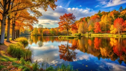 Obraz premium Serene Autumn Landscape by the Lake, fall scenery, outdoor setting, fall scenery, outdoor setting