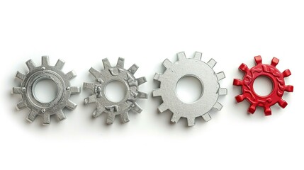 A silver gear set with four gears, three silver and one red, each featuring a smaller metal gear on the outside and larger teeth on the inside for motion connection