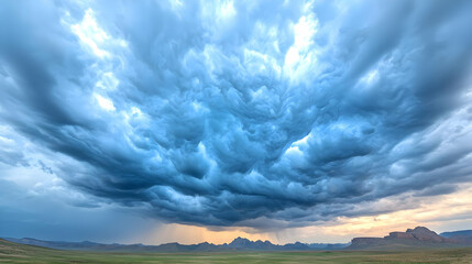 Fototapeta premium Dramatic storm clouds swirl over a vast green plain with distant mountains under a sunset horizon.