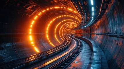 Fototapeta premium Neon tunnel, winding pathway, underground, futuristic city