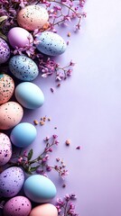 Obraz premium A group of eggs resting atop a table beside a cluster of violets on a darkened backdrop