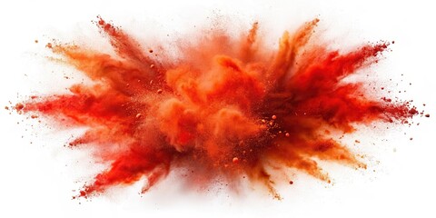 Red powder explosion on a transparent white background with a fiery orange glow and scattered particles in mid-air, red dust, powder explosion