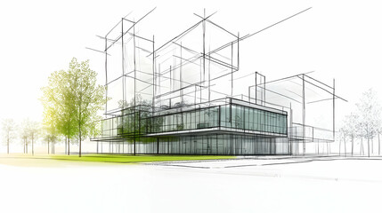 Fototapeta premium Architectural Sketch Of Modern Residential House With Green Trees And White Background