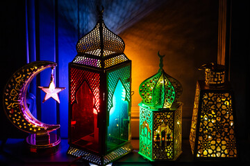 Fototapeta premium Colorful Ramadan Lanterns, Ramadan Month Background Concept Photo, Uskudar Istanbul, Turkiye (Turkey)