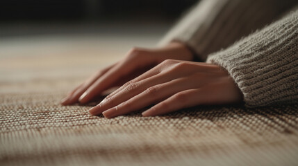 Obraz premium Close-up of prayer mat with hands gently resting on it