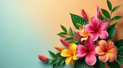 Obraz premium Vibrant Tropical Flowers Arranged in a Corner Composition on a Soft Gradient Background
