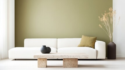 Living room with an earthy minimalist aesthetic, a low profile linen couch, a handcrafted travertine coffee table, a soft olive green accent wall