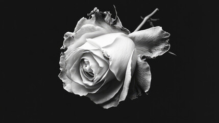 Close-up of a single white rose on a black background, symbolizing mourning and remembrance, slightly wilted to emphasize the somber theme.