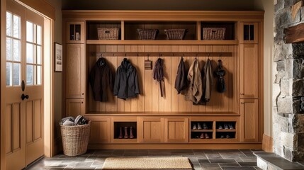 A stylish and functional mudroom near the entrance of a home, equipped with hooks for coats, cubbies for shoes, and a bench for seating.