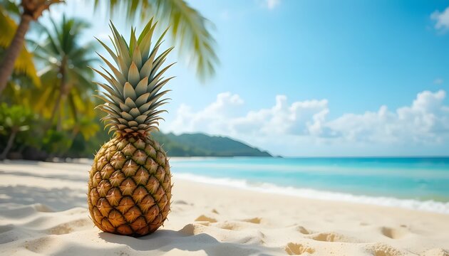 Pineapple on Tropical Beach with Blue Ocean and Palm Trees