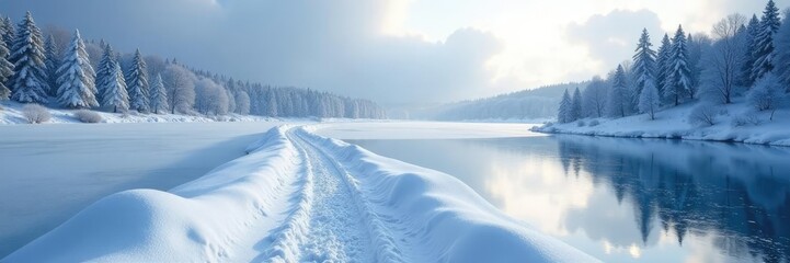 Snow-covered path winds through a serene frozen lake, snow,