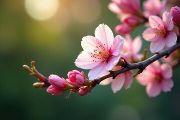 Obraz premium delicate petals unfurl from branches of flowering tree, foliage, trees