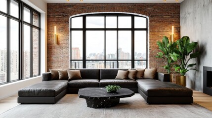 Luxury loft style living room featuring exposed brick walls, a dark leather sectional, a sculptural black marble coffee table, floor to ceiling factory