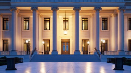 Obraz premium Elegant historic building illuminated at dusk with grand columns and welcoming entrance