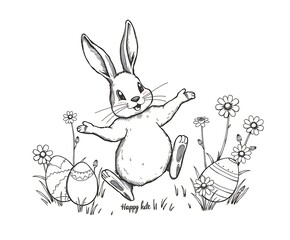 Fototapeta premium Sketch of a Joyful Easter Bunny in Woodcut Style, Generative AI Raster Illustration with Scratchboard Texture