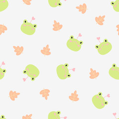 Obraz premium Cute cartoon of green frog and tropical leaves seamless pattern vector background. Animal textile design for fabric print, kids wallpaper, cute design, wallpaper, gift wrap paper.