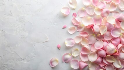 Obraz premium Soft pastel pink rose petals scattered on a minimalist white background with subtle texture, flower, design, flower, design