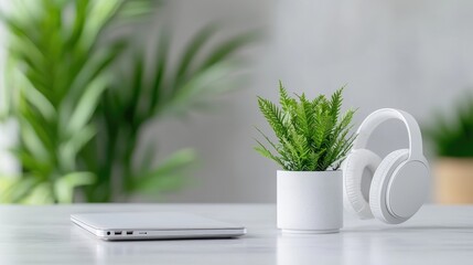 White headphones, plant, laptop on desk, green background, home office