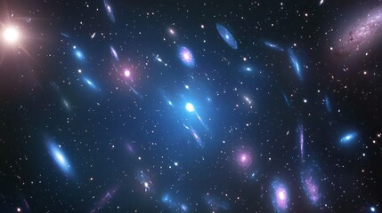 Dark matter represented by translucent cosmic clouds engulfing early universe galaxies, soft focus starry background