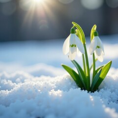 Dainty snowdrop flowers peek through frozen ground, white, flowers