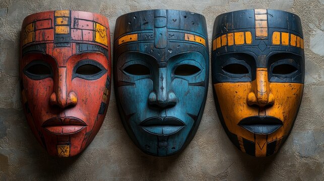 Colorful handcrafted wooden masks displayed against a textured backdrop