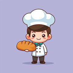 Cute cartoon chef holding a loaf of bread. Adorable bakery mascot character in a flat, kawaii style. Perfect for culinary, bakery, or food-related designs and branding.