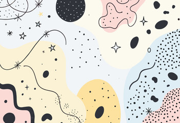 a mix of abstract shapes and lines, including circles, stars, and lines, in various pastel colors such as pink, blue, yellow, and black.