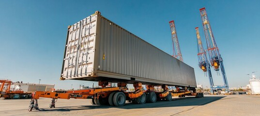 Container trailer carrying cargo at port with cranes working in background