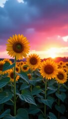 Fototapeta premium Soft pink hues illuminate tall sunflower stalks against a backdrop of deepening blue sky, sunflowers, farm