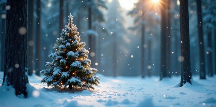 Snowflakes fall around a lone Christmas tree in the forest, snowy woods, serene atmosphere